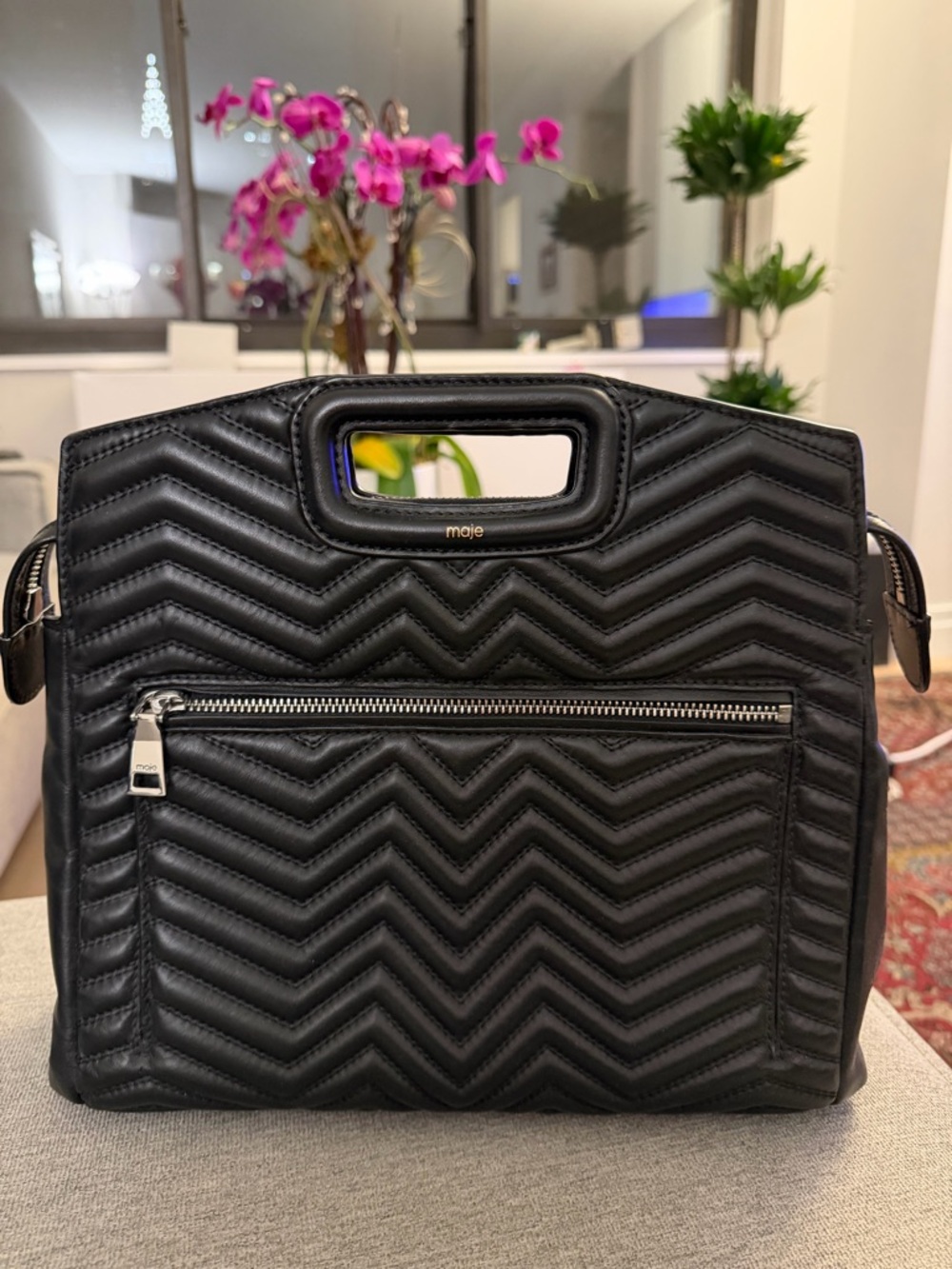 Maje Black Quilted Chevron Leather Satchel with Top Handle